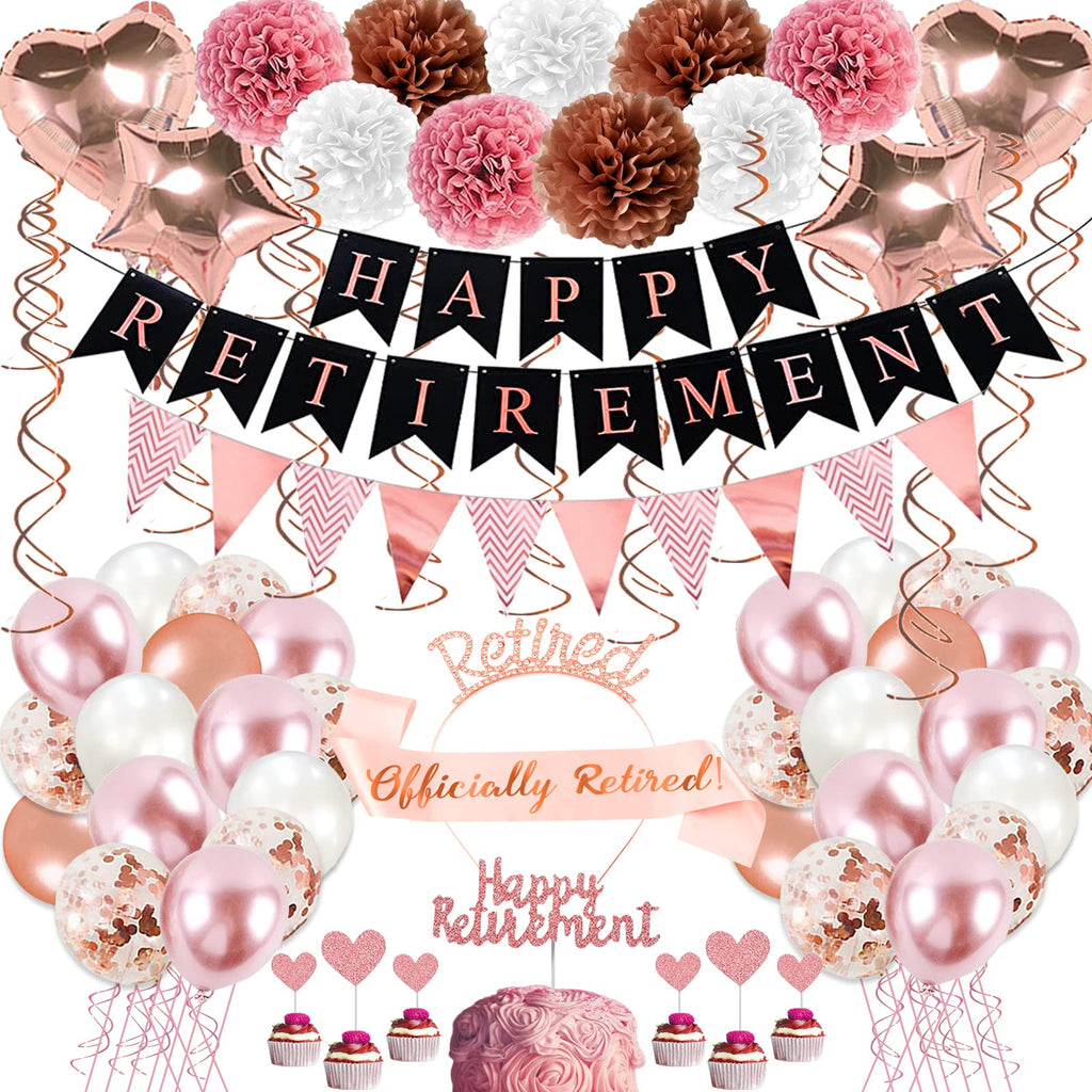 Bluegogo Rose Gold Retirement Party Decorations – 63-Piece Set with Banner, Balloons, Cake Toppers & More