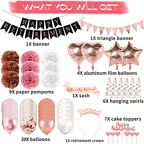 Bluegogo Rose Gold Retirement Party Decorations – 63-Piece Set with Banner, Balloons, Cake Toppers & More