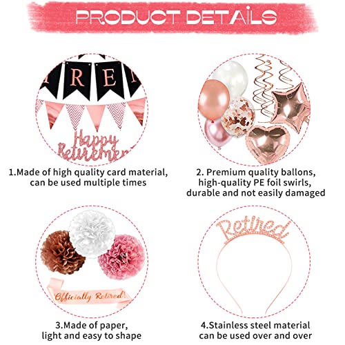 Bluegogo Rose Gold Retirement Party Decorations – 63-Piece Set with Banner, Balloons, Cake Toppers & More