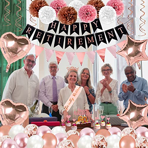 Bluegogo Rose Gold Retirement Party Decorations – 63-Piece Set with Banner, Balloons, Cake Toppers & More
