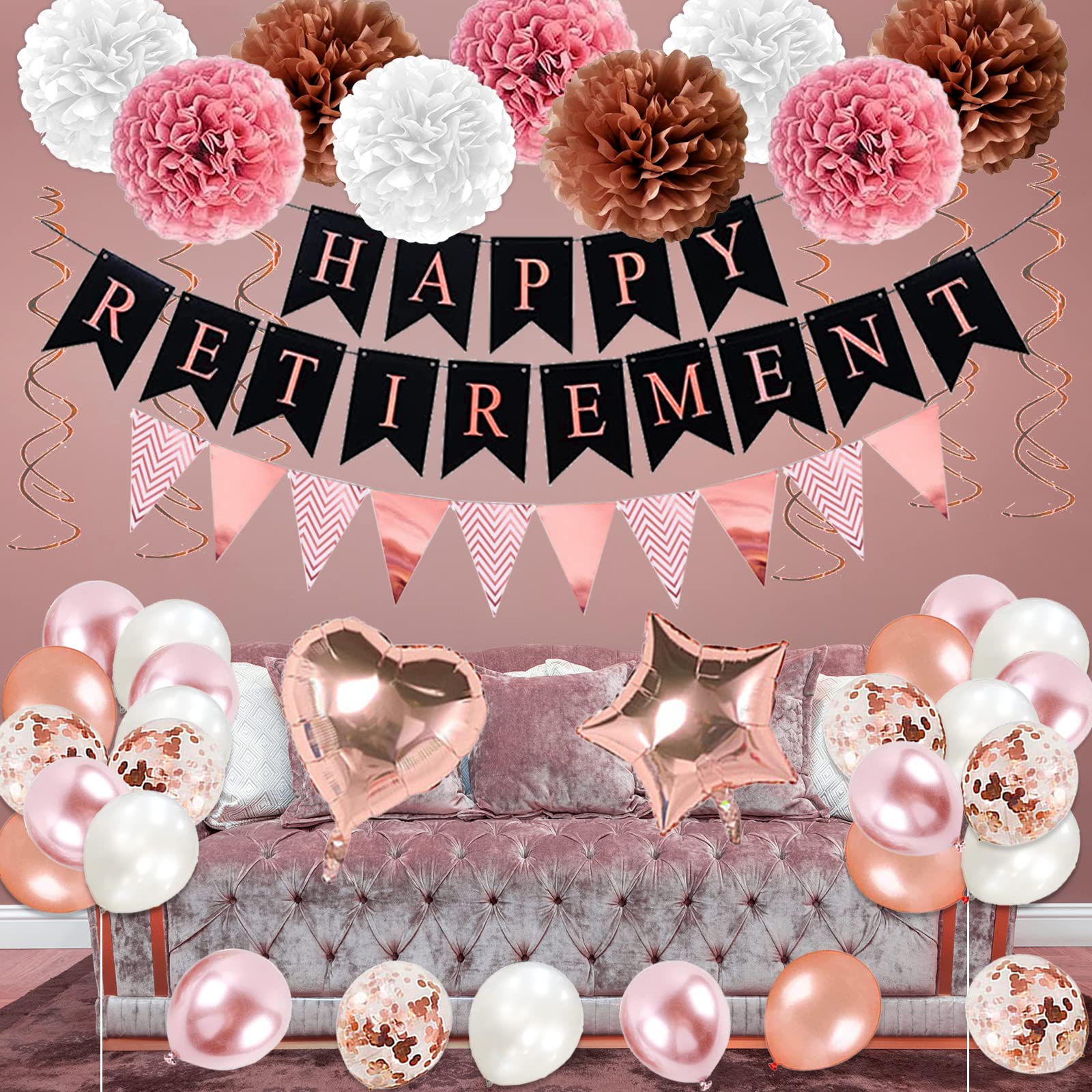 Bluegogo Rose Gold Retirement Party Decorations – 63-Piece Set with Banner, Balloons, Cake Toppers & More