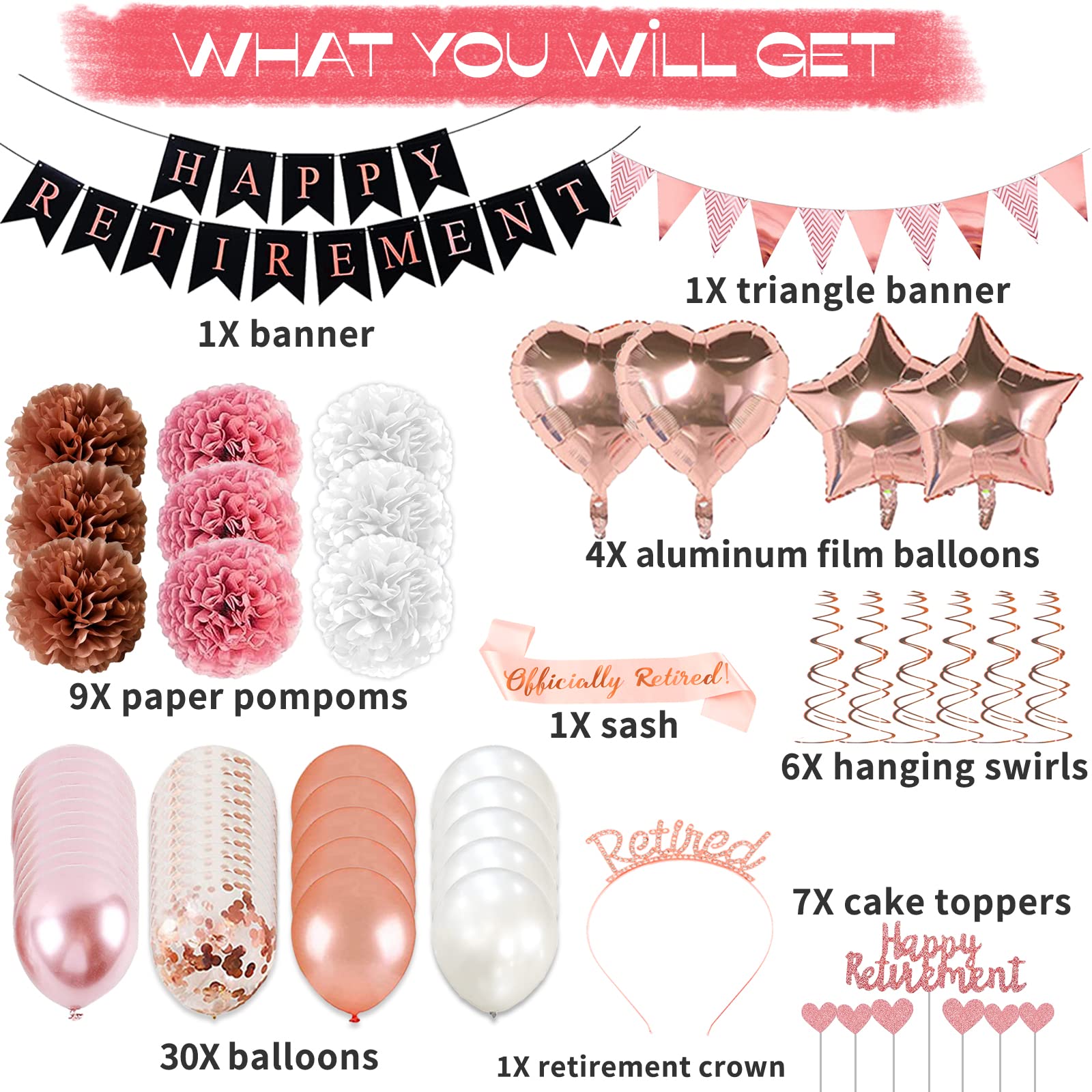 Bluegogo Rose Gold Retirement Party Decorations – 63-Piece Set with Banner, Balloons, Cake Toppers & More