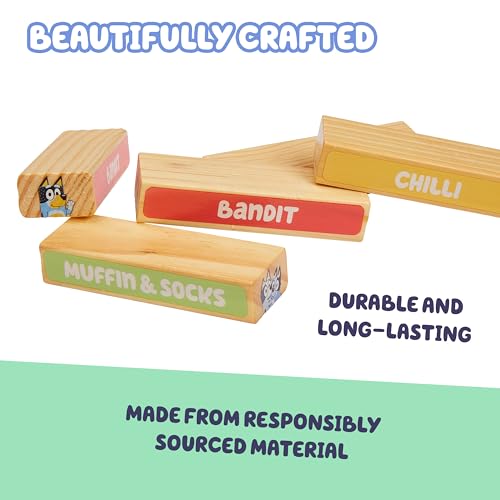 Bluey 8th Wonder Tumbling Tower Game – 54 Illustrated Wooden Blocks for Kids Ages 3+