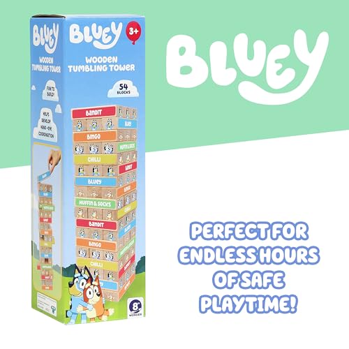 Bluey 8th Wonder Tumbling Tower Game – 54 Illustrated Wooden Blocks for Kids Ages 3+