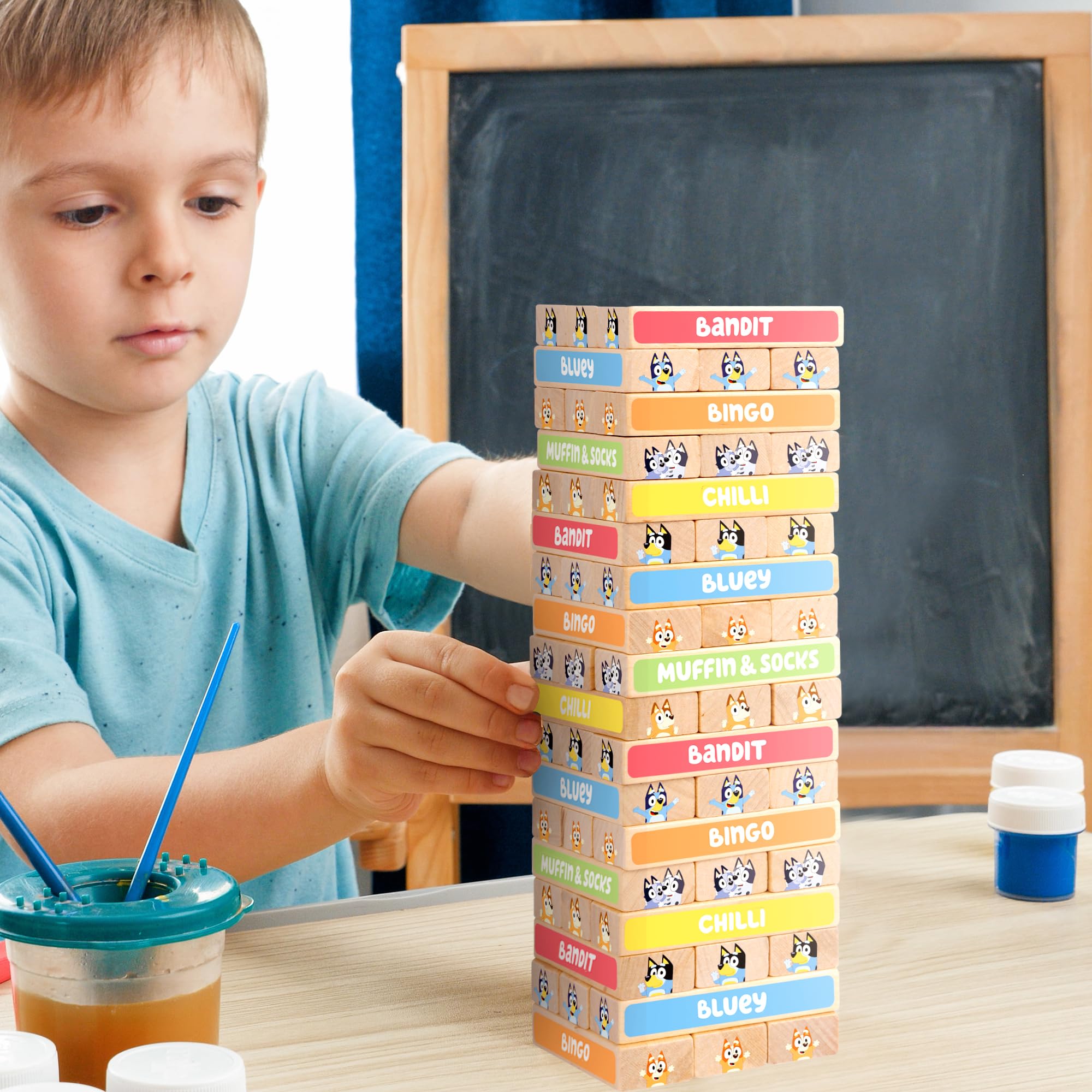 Bluey 8th Wonder Tumbling Tower Game – 54 Illustrated Wooden Blocks for Kids Ages 3+