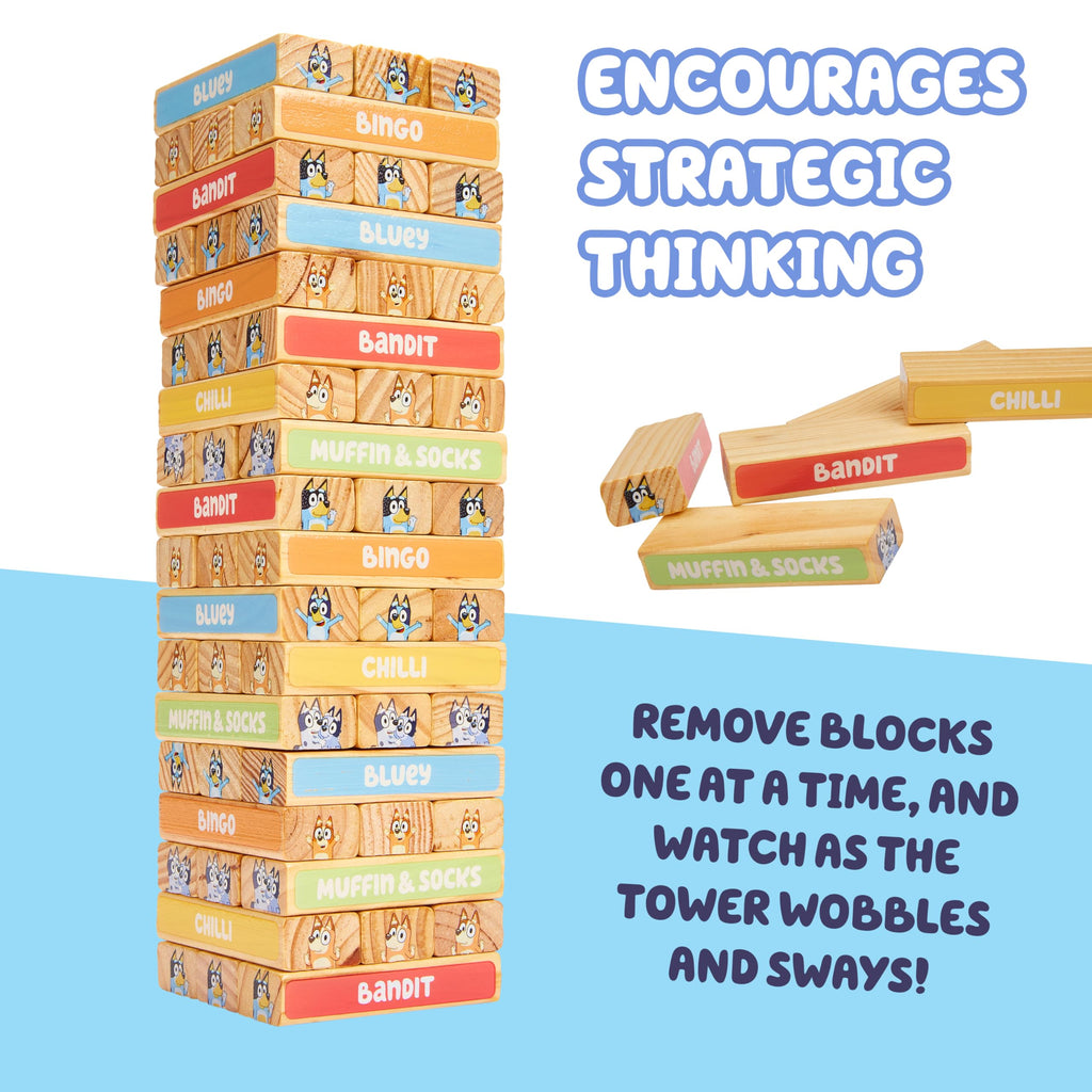 Bluey 8th Wonder Tumbling Tower Game – 54 Illustrated Wooden Blocks for Kids Ages 3+
