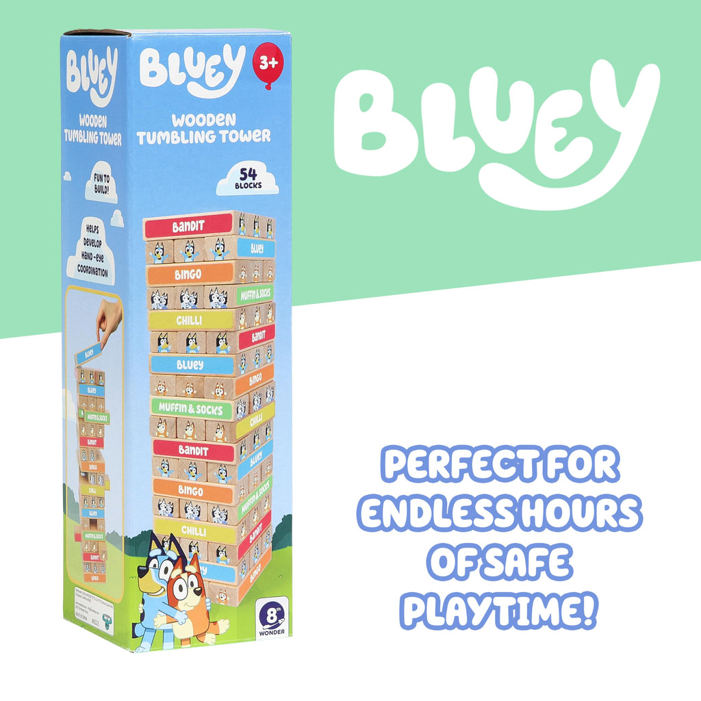 Bluey 8th Wonder Tumbling Tower Game – 54 Illustrated Wooden Blocks for Kids Ages 3+