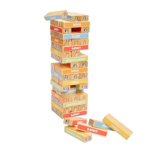 Bluey 8th Wonder Tumbling Tower Game – 54 Illustrated Wooden Blocks for Kids Ages 3+