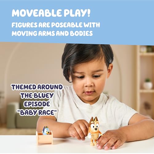 Bluey Baby Race Toy Figurines Pack: Chilli and Baby Bluey in Cradle, 2.5" Articulated Action Figures for Kids Ages 3+