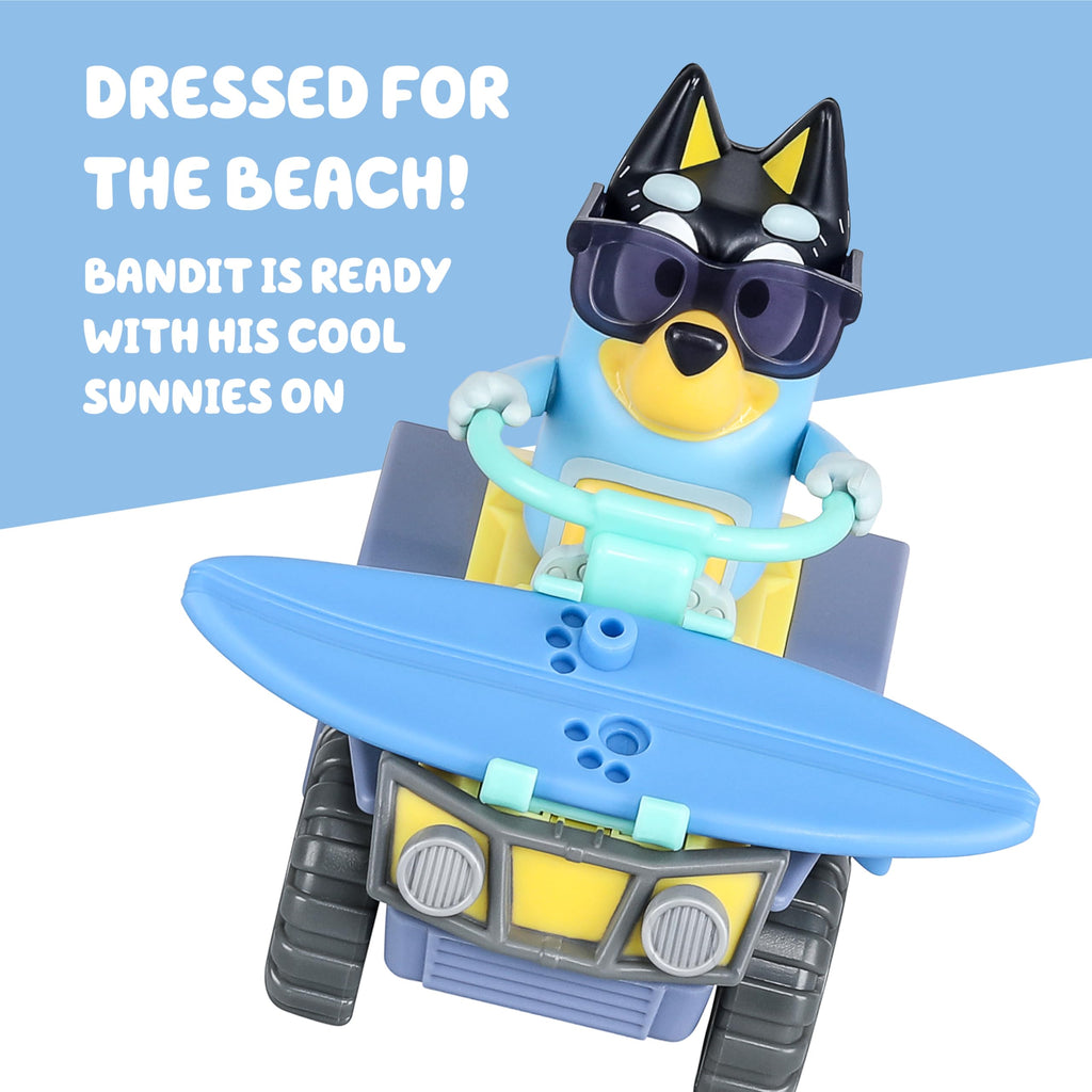 Bluey Bandit Surf Beach Toy Set with Poseable Figure, Quad Bike, and Surfboard