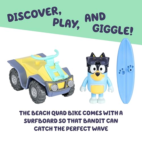 Bluey Bandit Surf Beach Toy Set with Poseable Figure, Quad Bike, and Surfboard
