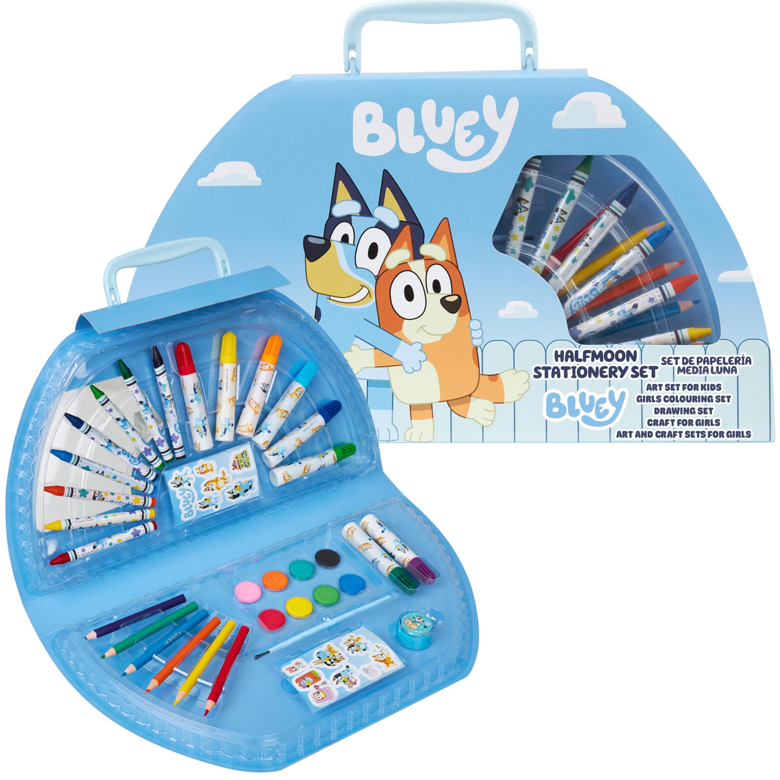 Bluey Colored Pencils Art Kit for Kids - Blue Halfmoon Case with Markers, Crayons, Watercolors & More
