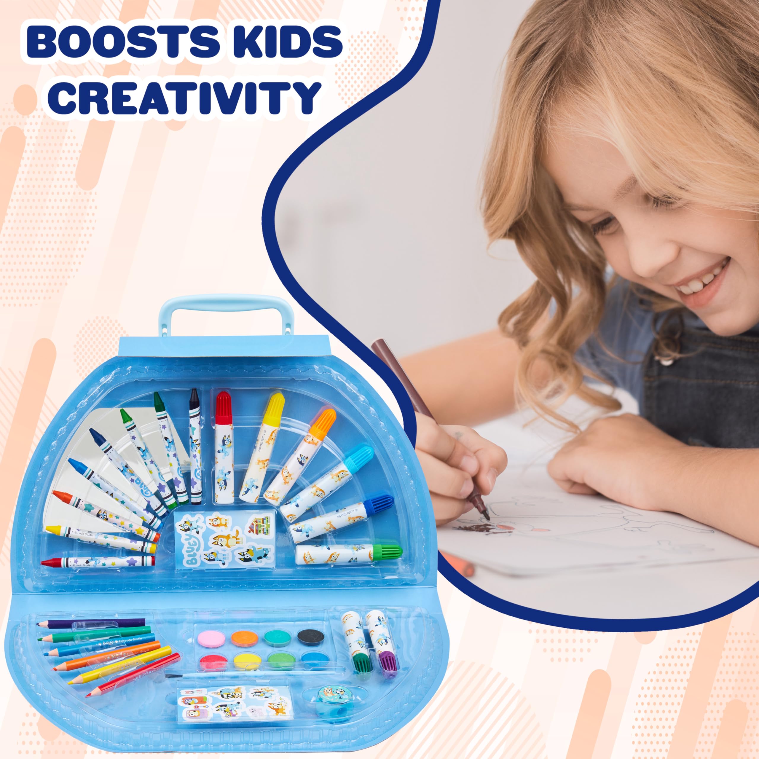 Bluey Colored Pencils Art Kit for Kids - Blue Halfmoon Case with Markers, Crayons, Watercolors & More