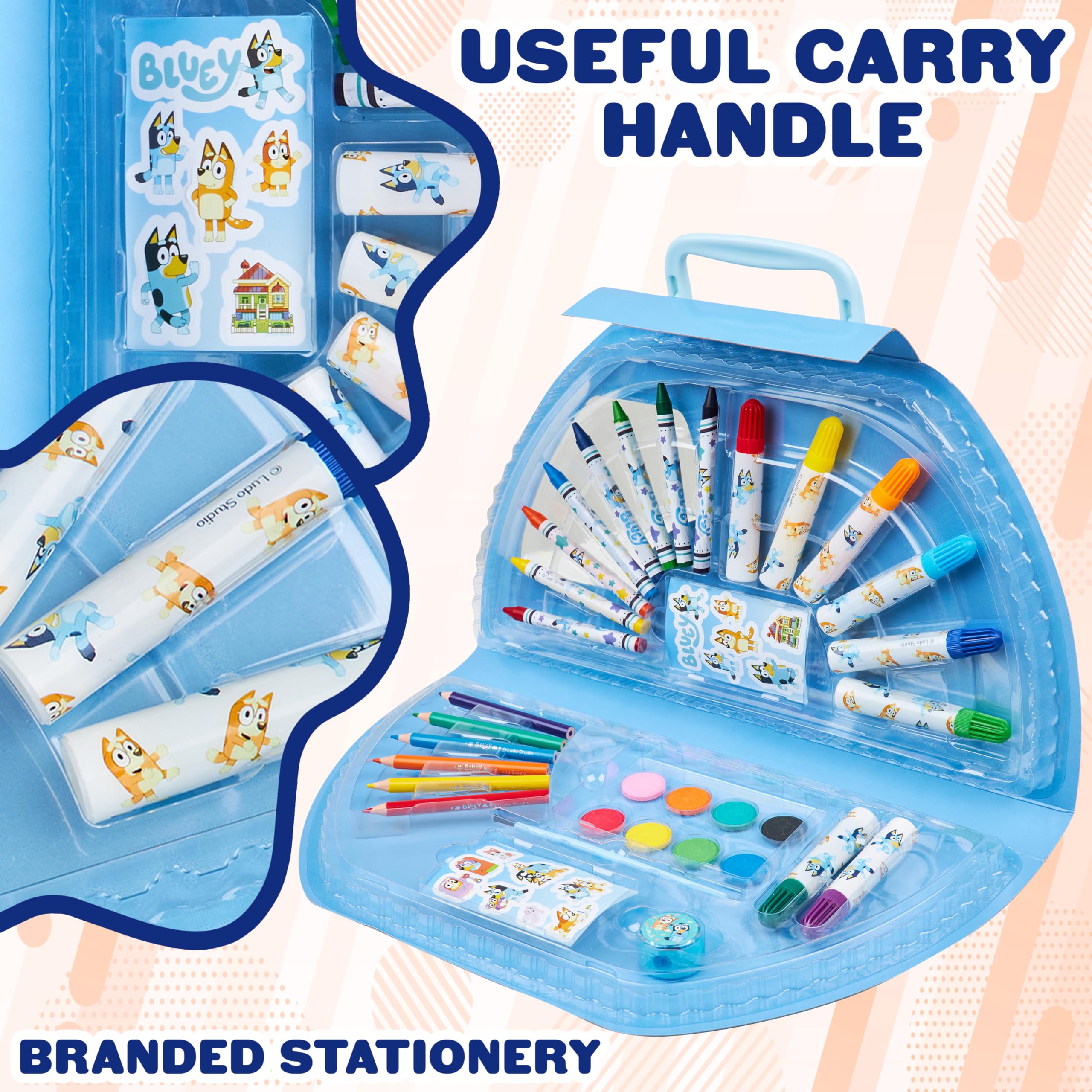 Bluey Colored Pencils Art Kit for Kids - Blue Halfmoon Case with Markers, Crayons, Watercolors & More