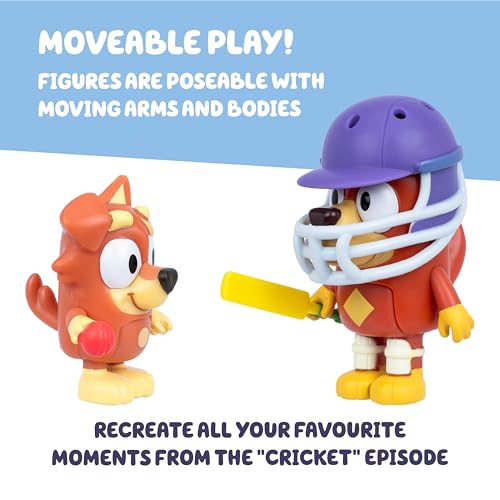 Bluey Cricket Figure 2-Pack: Rusty & Dusty with Moving Arms, Helmet, Bat & Ball - Poseable Toys for Kids Ages 3+