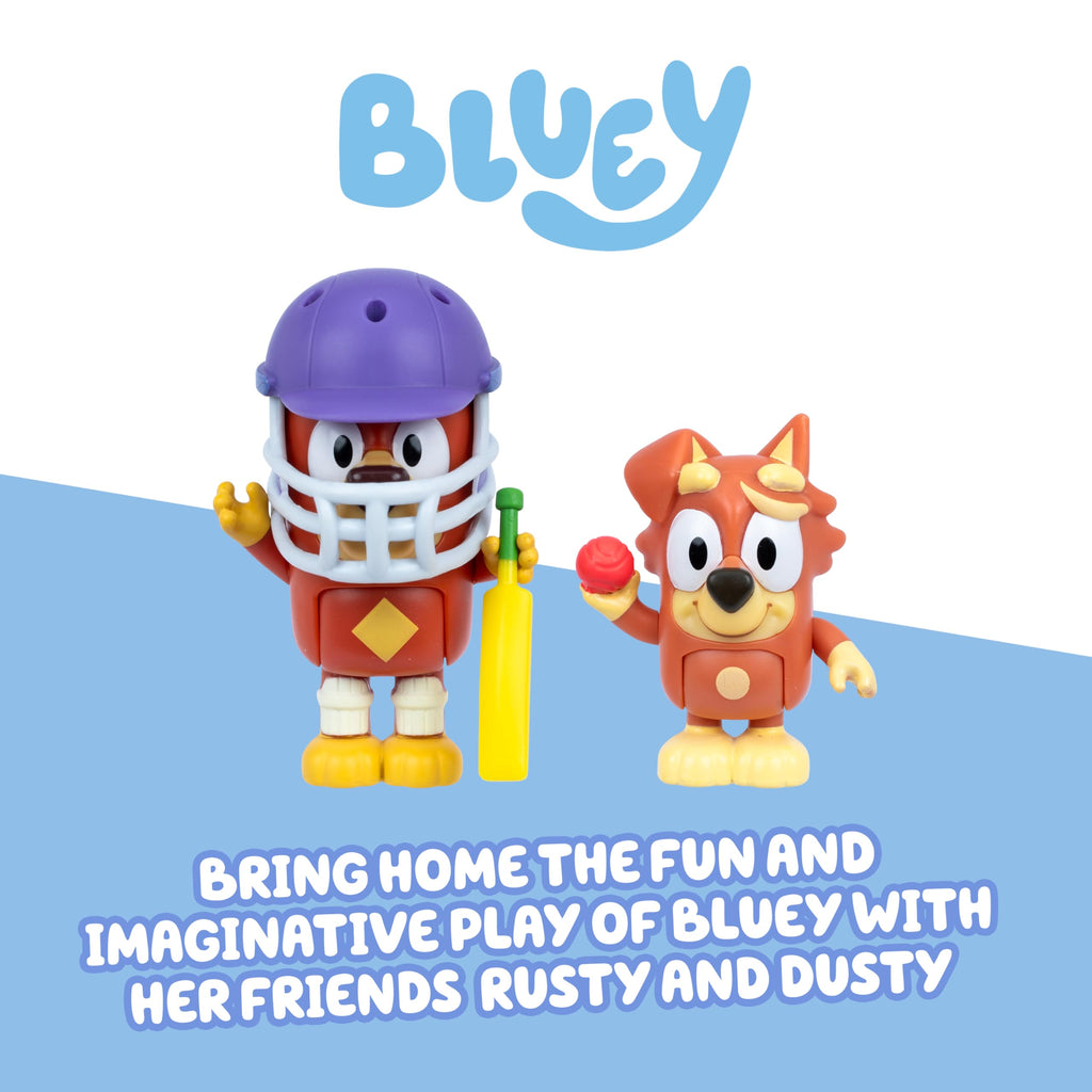 Bluey Cricket Figure 2-Pack: Rusty & Dusty with Moving Arms, Helmet, Bat & Ball - Poseable Toys for Kids Ages 3+