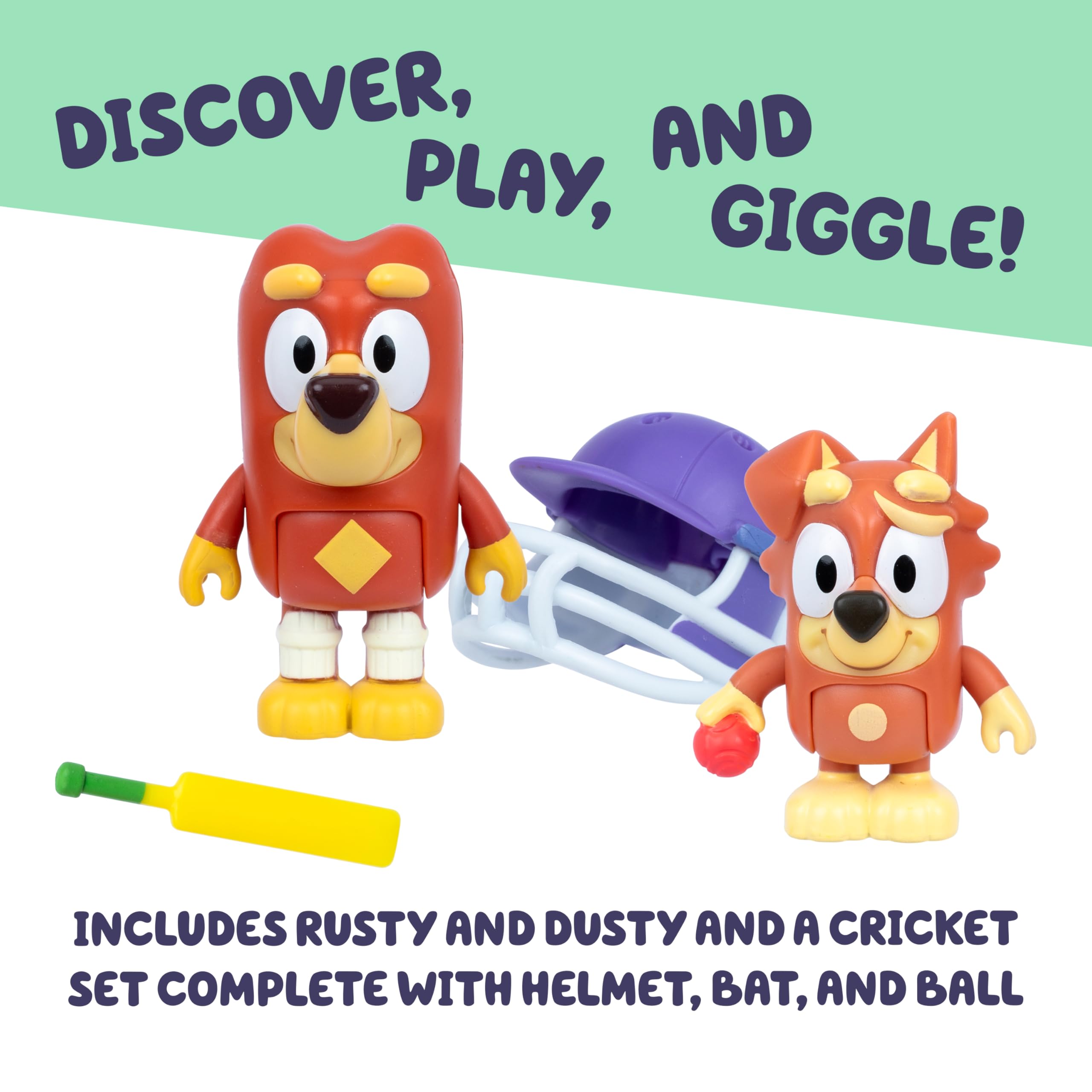 Bluey Cricket Figure 2-Pack: Rusty & Dusty with Moving Arms, Helmet, Bat & Ball - Poseable Toys for Kids Ages 3+