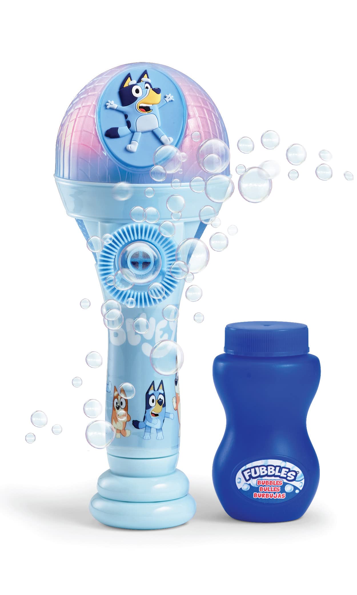 Bluey Dance Mode Bubble Machine and Toy Microphone – Voice Activated Bubble Blower with Lights, Includes 4 fl oz Solution, Ages 3+