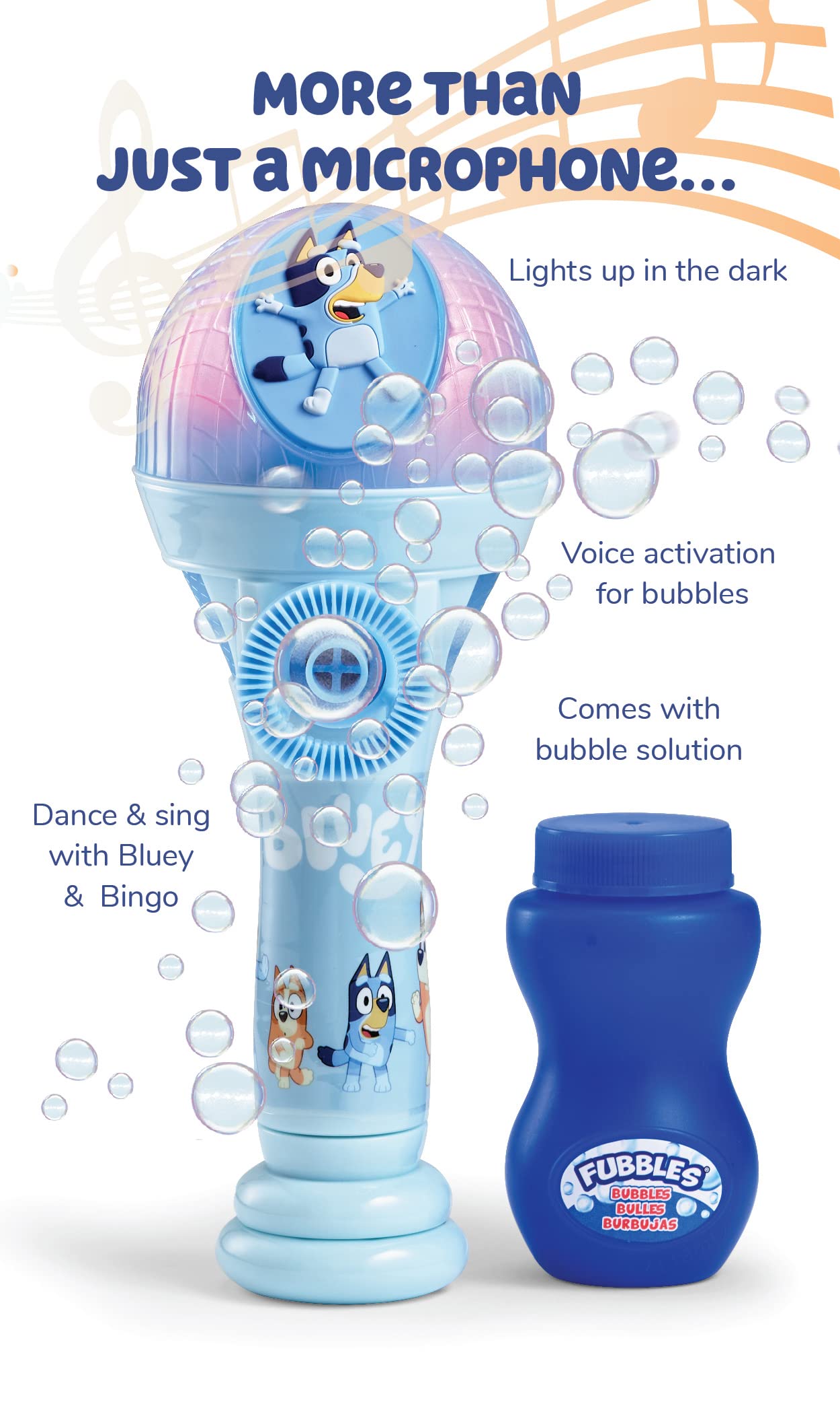 Bluey Dance Mode Bubble Machine and Toy Microphone – Voice Activated Bubble Blower with Lights, Includes 4 fl oz Solution, Ages 3+