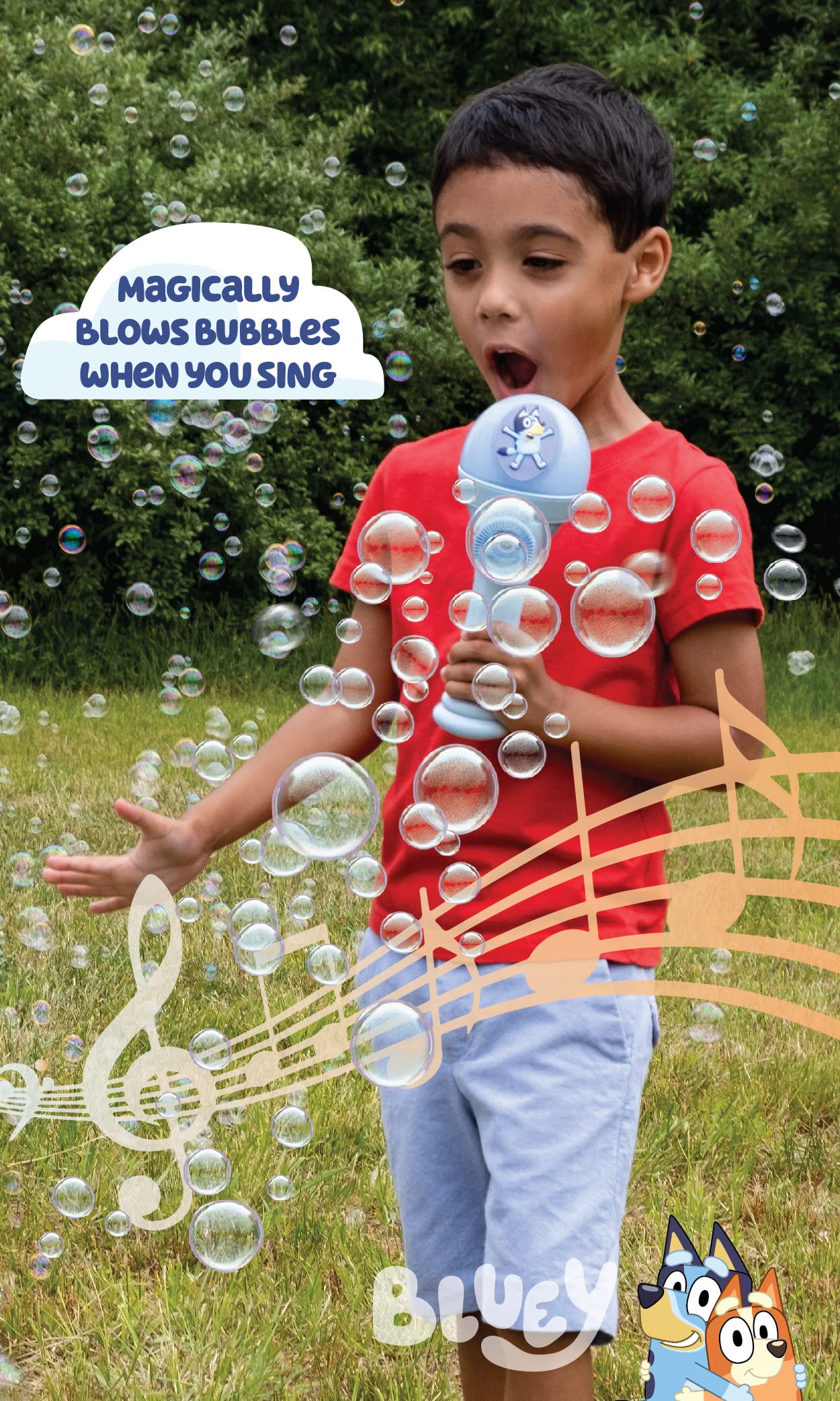 Bluey Dance Mode Bubble Machine and Toy Microphone – Voice Activated Bubble Blower with Lights, Includes 4 fl oz Solution, Ages 3+