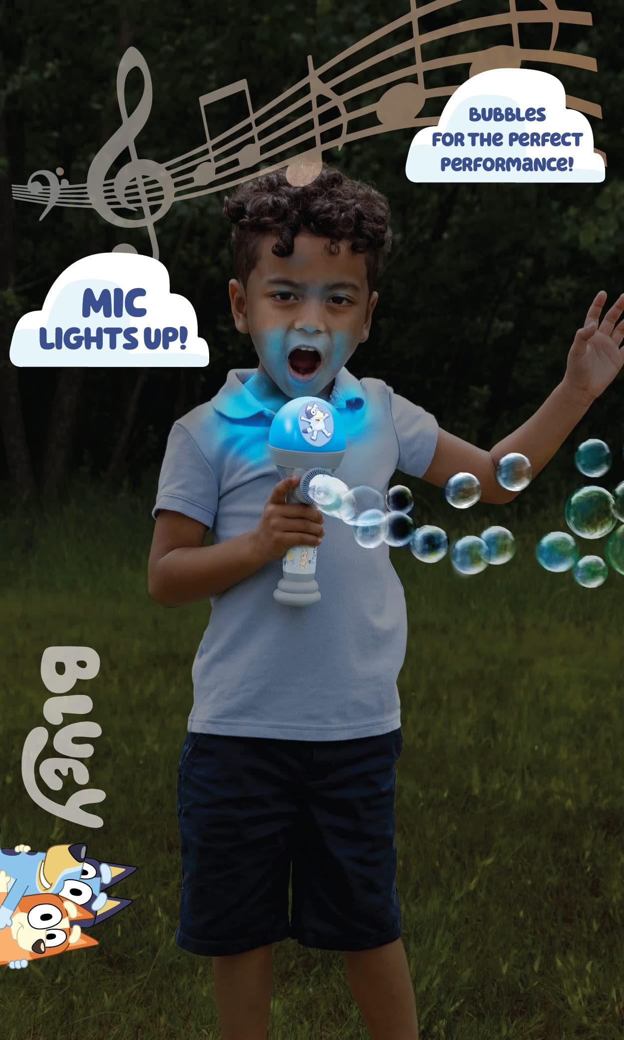 Bluey Dance Mode Bubble Machine and Toy Microphone – Voice Activated Bubble Blower with Lights, Includes 4 fl oz Solution, Ages 3+
