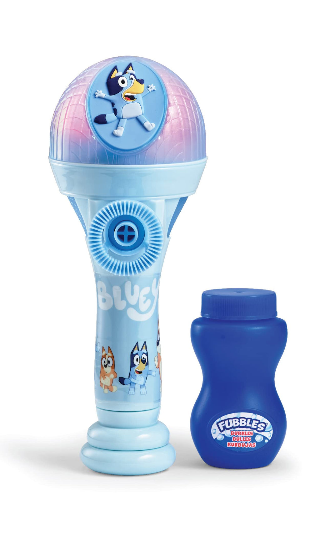 Bluey Dance Mode Bubble Machine and Toy Microphone – Voice Activated Bubble Blower with Lights, Includes 4 fl oz Solution, Ages 3+