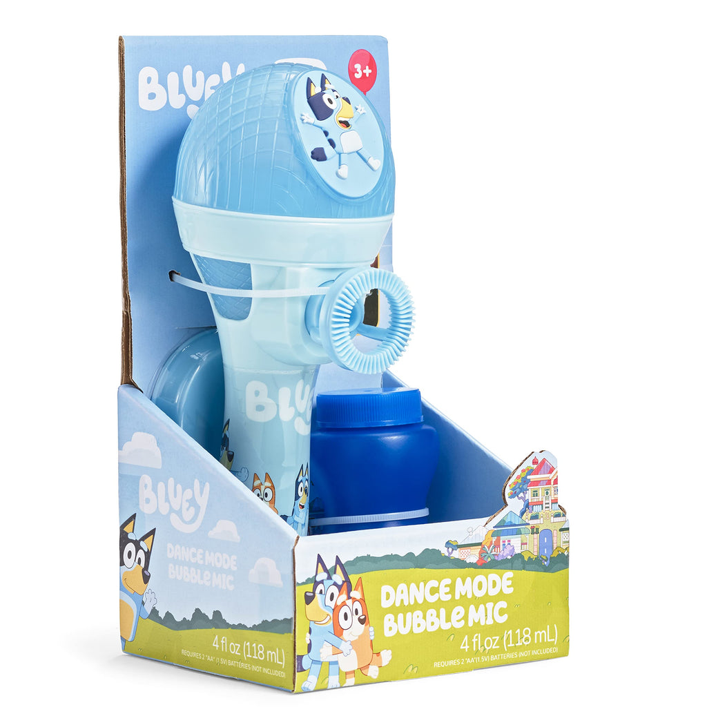 Bluey Dance Mode Bubble Machine and Toy Microphone – Voice Activated Bubble Blower with Lights, Includes 4 fl oz Solution, Ages 3+