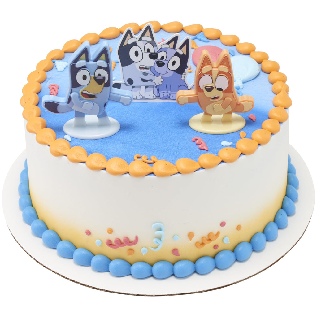 Bluey Dance Mode Cake Toppers - Moving Bluey & Bingo Figurines with Poly Pic, 3-Piece Set