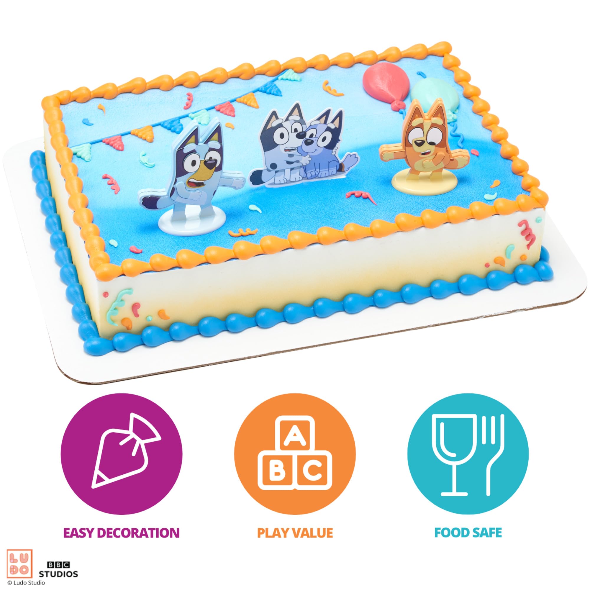 Bluey Dance Mode Cake Toppers - Moving Bluey & Bingo Figurines with Poly Pic, 3-Piece Set
