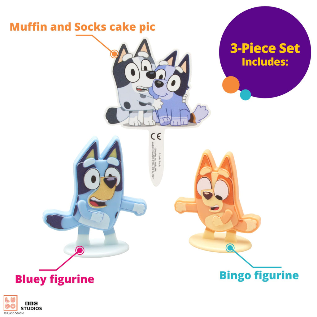 Bluey Dance Mode Cake Toppers - Moving Bluey & Bingo Figurines with Poly Pic, 3-Piece Set