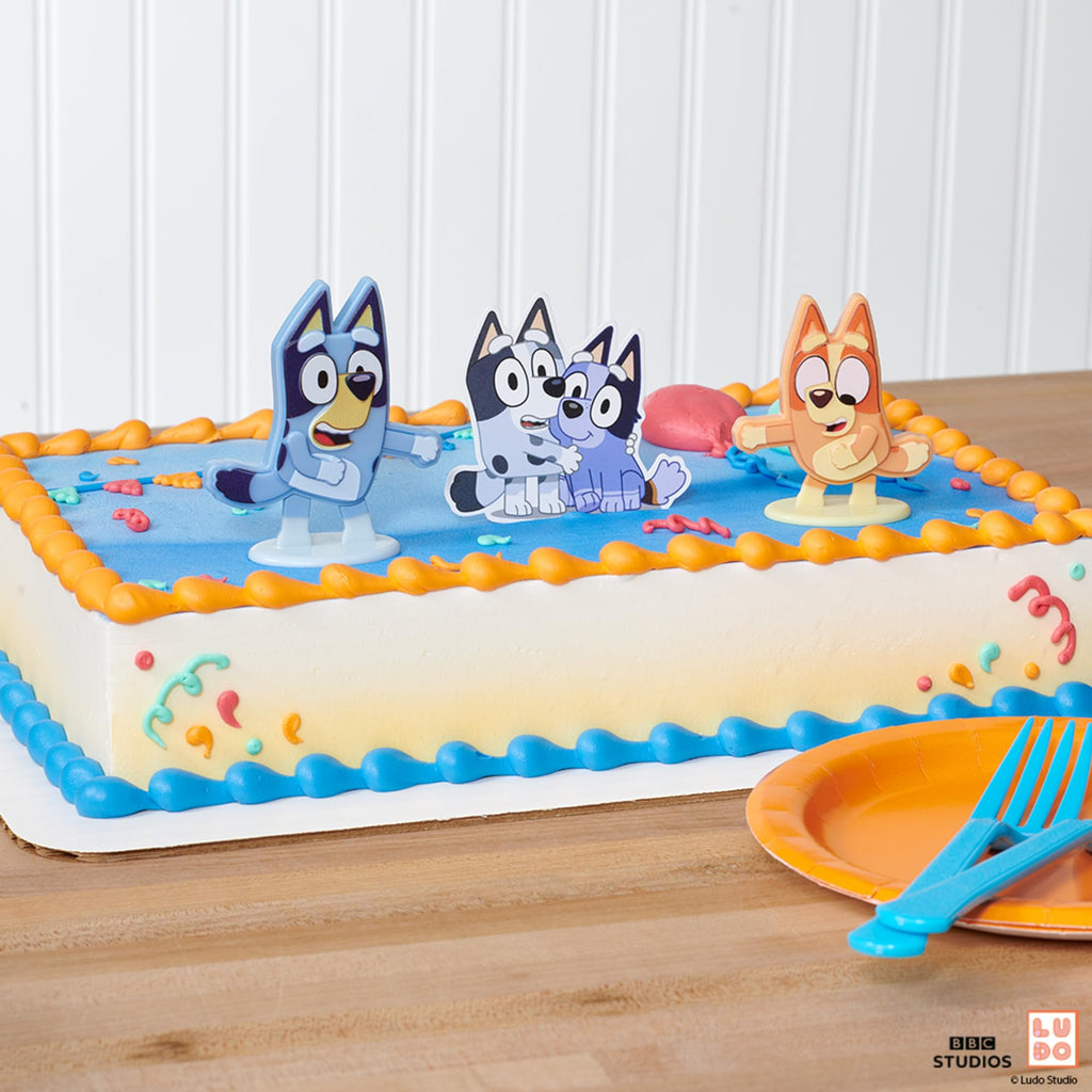 Bluey Dance Mode Cake Toppers - Moving Bluey & Bingo Figurines with Poly Pic, 3-Piece Set