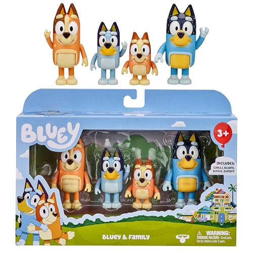 Bluey Family Figure Pack of 4 – Poseable Bluey, Bingo, Chilli & Bandit Toys for Kids Ages 3+