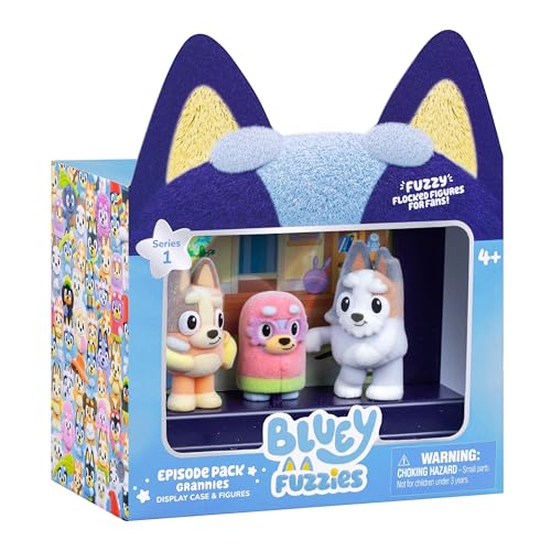 Bluey Fuzzies Episode Pack: Grannies – 3 Flocked Mini-Figures, Display Case, and Trading Card