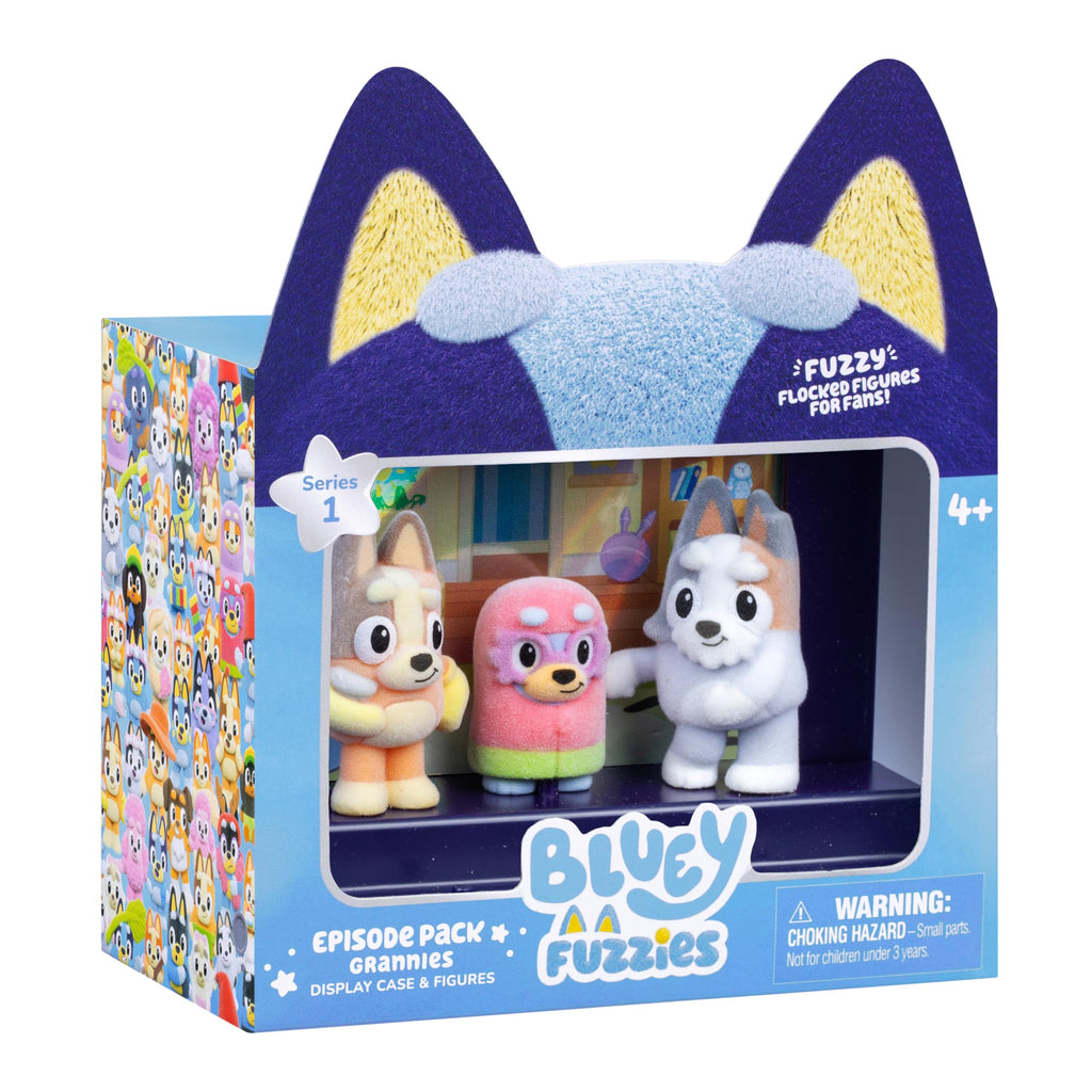 Bluey Fuzzies Episode Pack: Grannies – 3 Flocked Mini-Figures, Display Case, and Trading Card