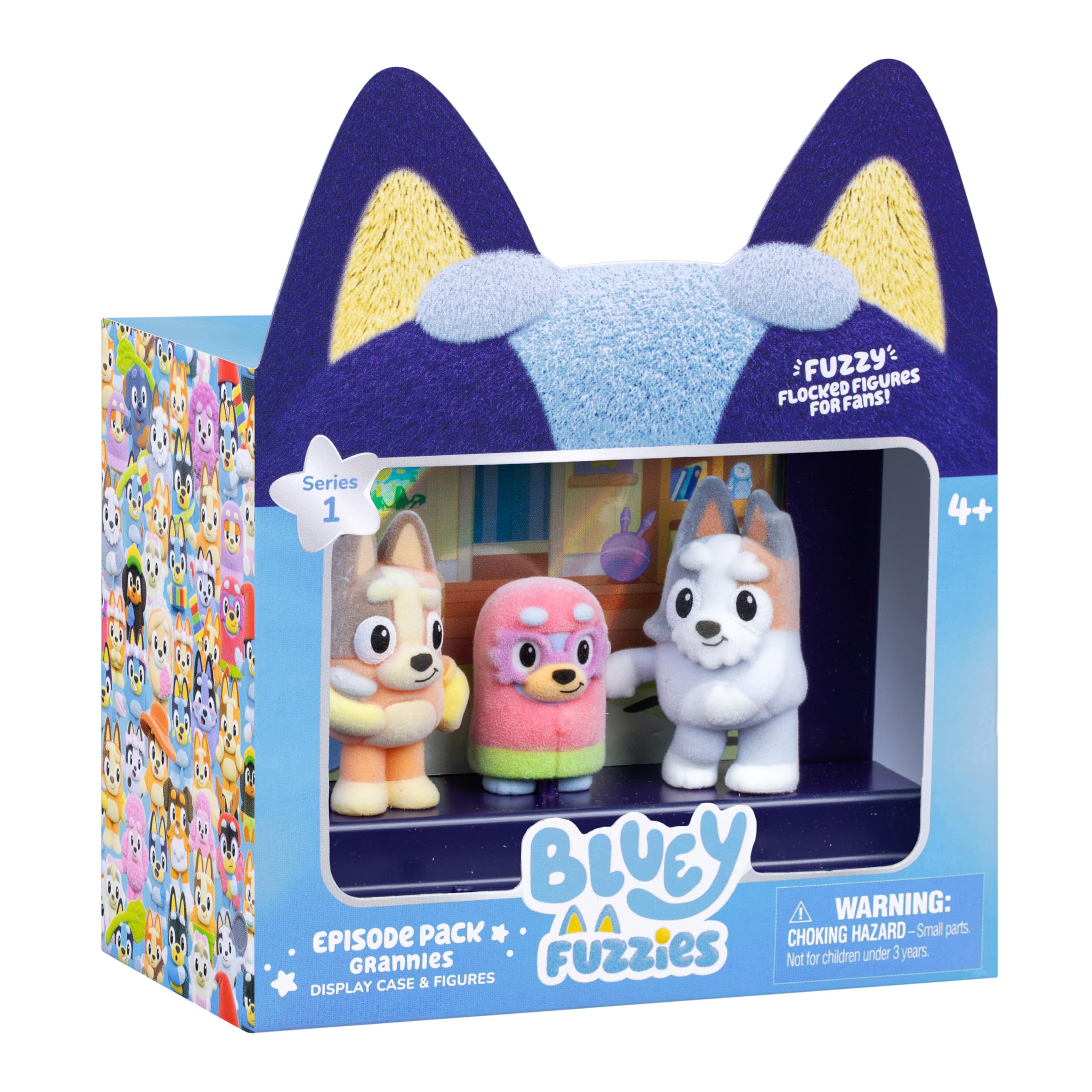 Bluey Fuzzies Episode Pack: Grannies – 3 Flocked Mini-Figures, Display Case, and Trading Card