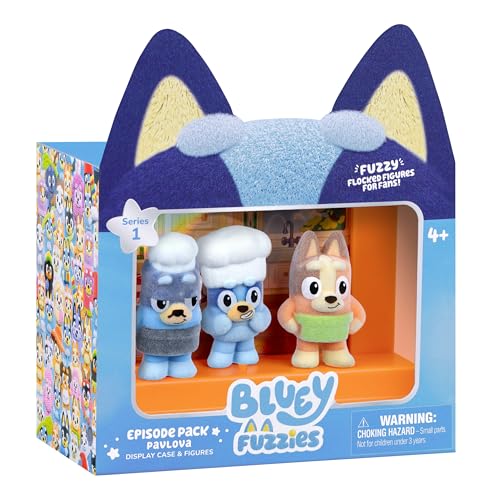Bluey Fuzzies Episode Pack: Pavlova – 3 Flocked Mini-Figures with Exclusive, Display Case, Holographic Card & Collector's Guide