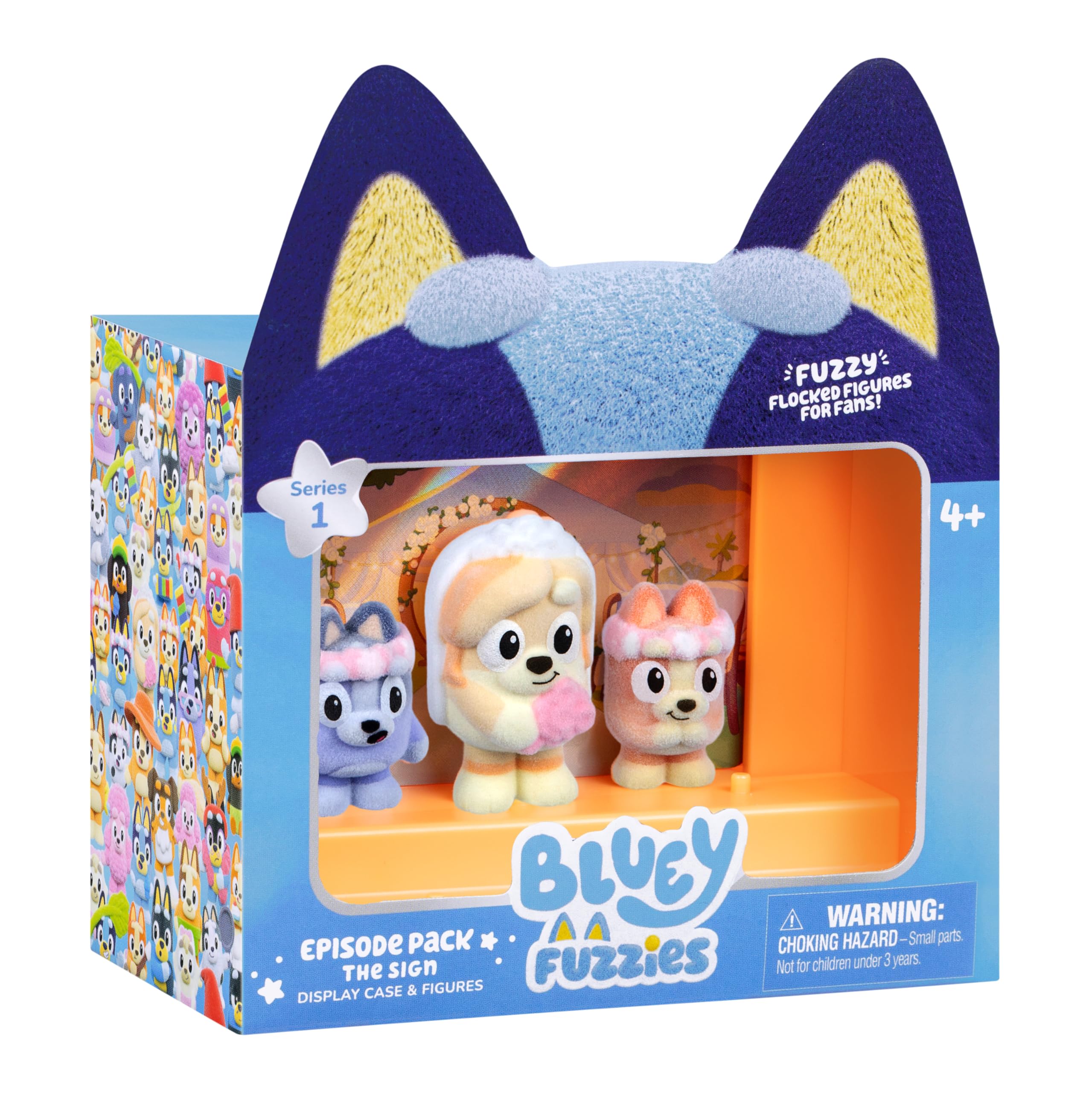 Bluey Fuzzies Episode Pack: The Sign - 3 Flocked Mini-Figures, Display Case, Holographic Card & Collector's Guide (Series 1)