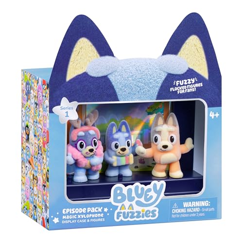 Bluey Fuzzies Magic Xylophone Episode Pack – 3 Flocked Mini-Figures, Display Case, Trading Card & Guide