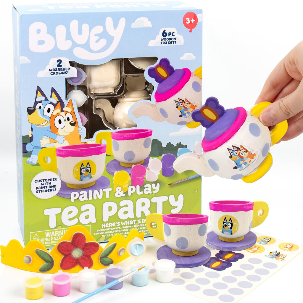 Bluey Paint & Play Tea Party: 6-Piece Wooden Tea Set with Paints, Stickers & Crowns