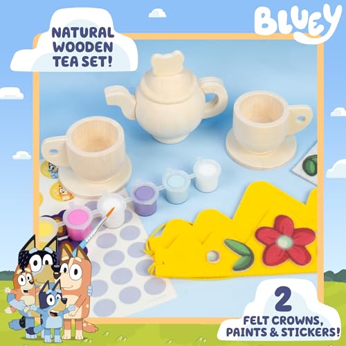 Bluey Paint & Play Tea Party: 6-Piece Wooden Tea Set with Paints, Stickers & Crowns