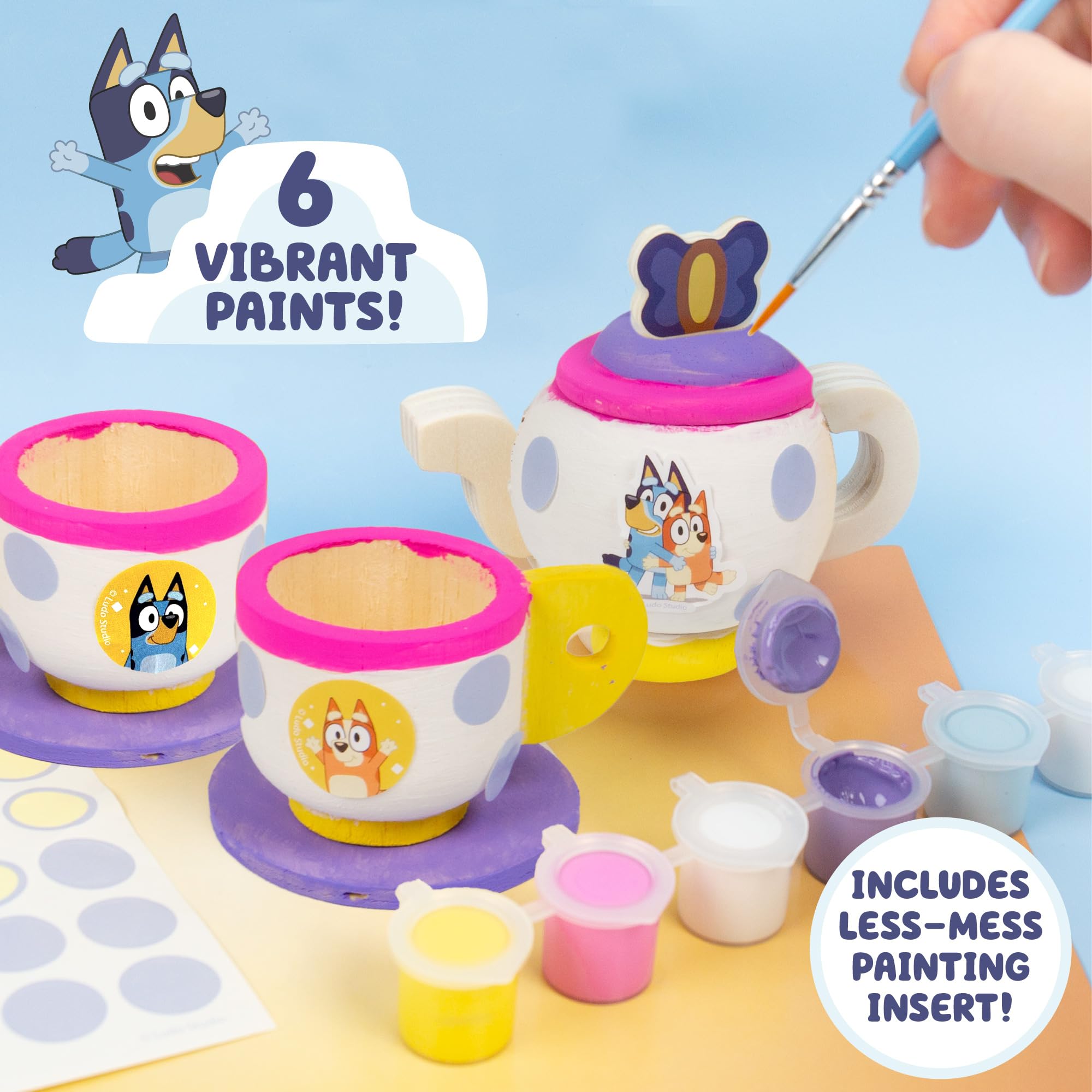Bluey Paint & Play Tea Party: 6-Piece Wooden Tea Set with Paints, Stickers & Crowns