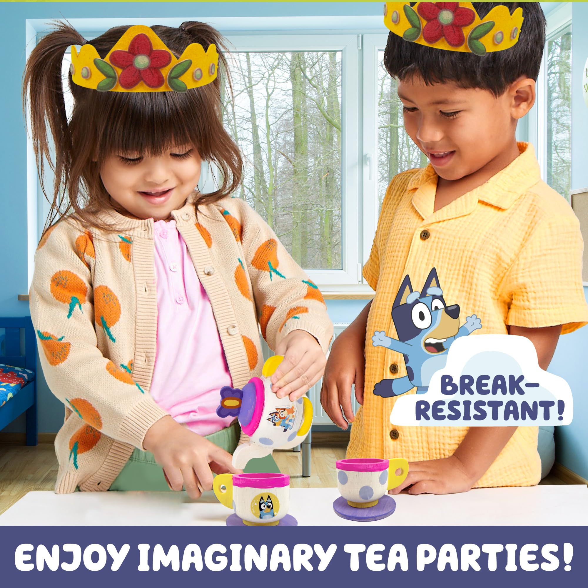 Bluey Paint & Play Tea Party: 6-Piece Wooden Tea Set with Paints, Stickers & Crowns