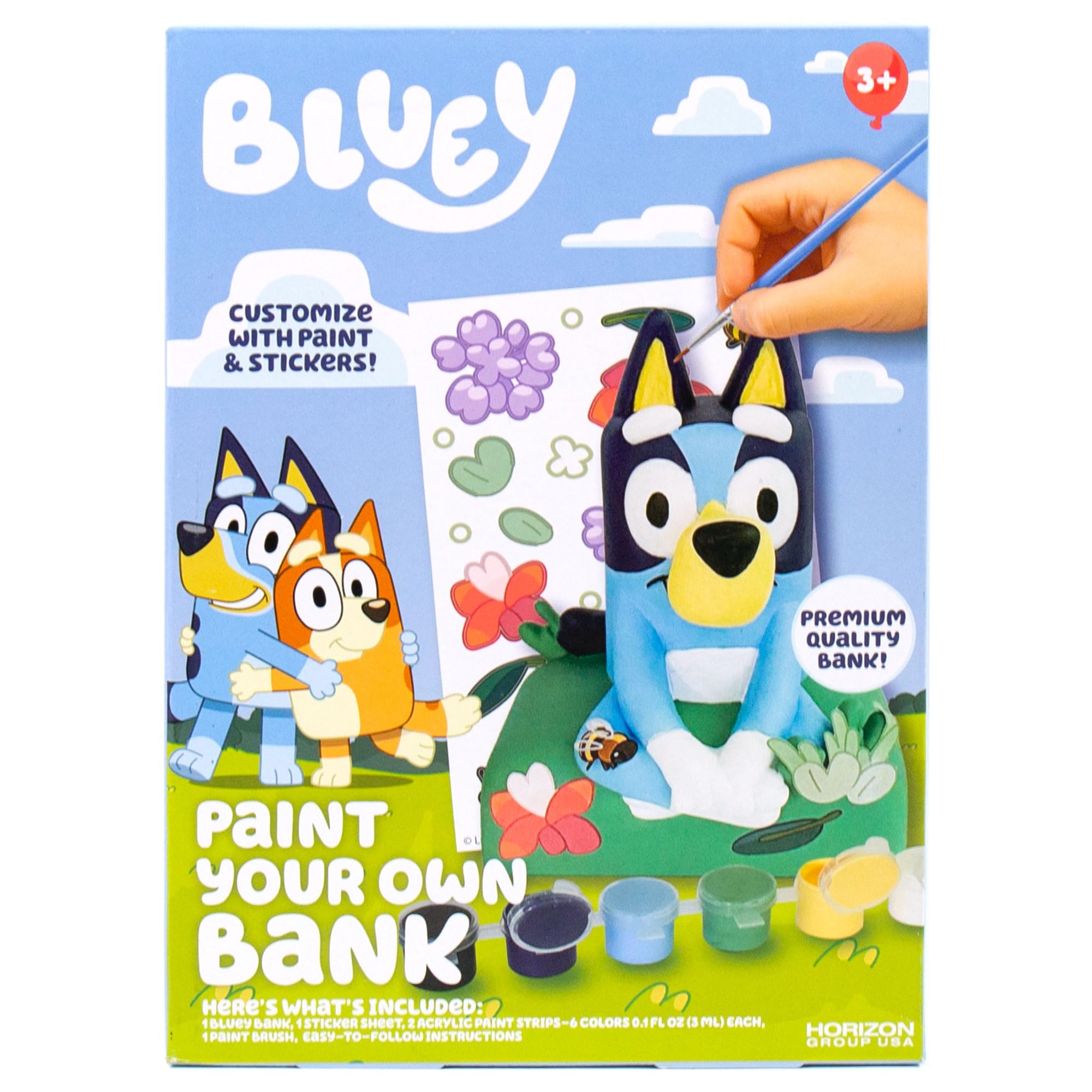 Bluey Paint Your Own Piggy Bank Kit – 12 Paints, 25+ Stickers, Vinyl Bank, Craft for Kids Ages 3+