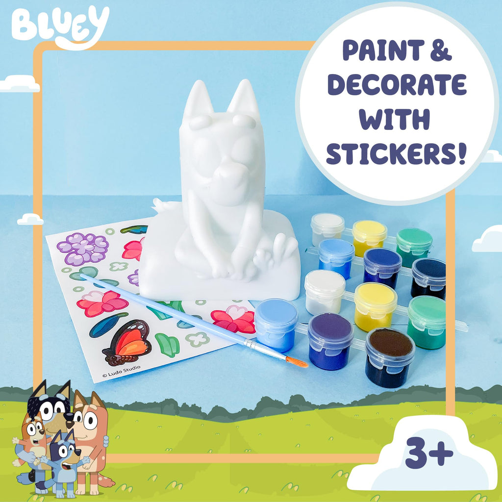 Bluey Paint Your Own Piggy Bank Kit – 12 Paints, 25+ Stickers, Vinyl Bank, Craft for Kids Ages 3+