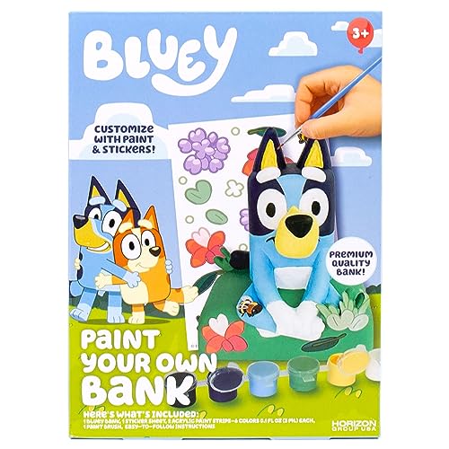 Bluey Paint Your Own Piggy Bank Kit – 12 Paints, 25+ Stickers, Vinyl Bank, Craft for Kids Ages 3+