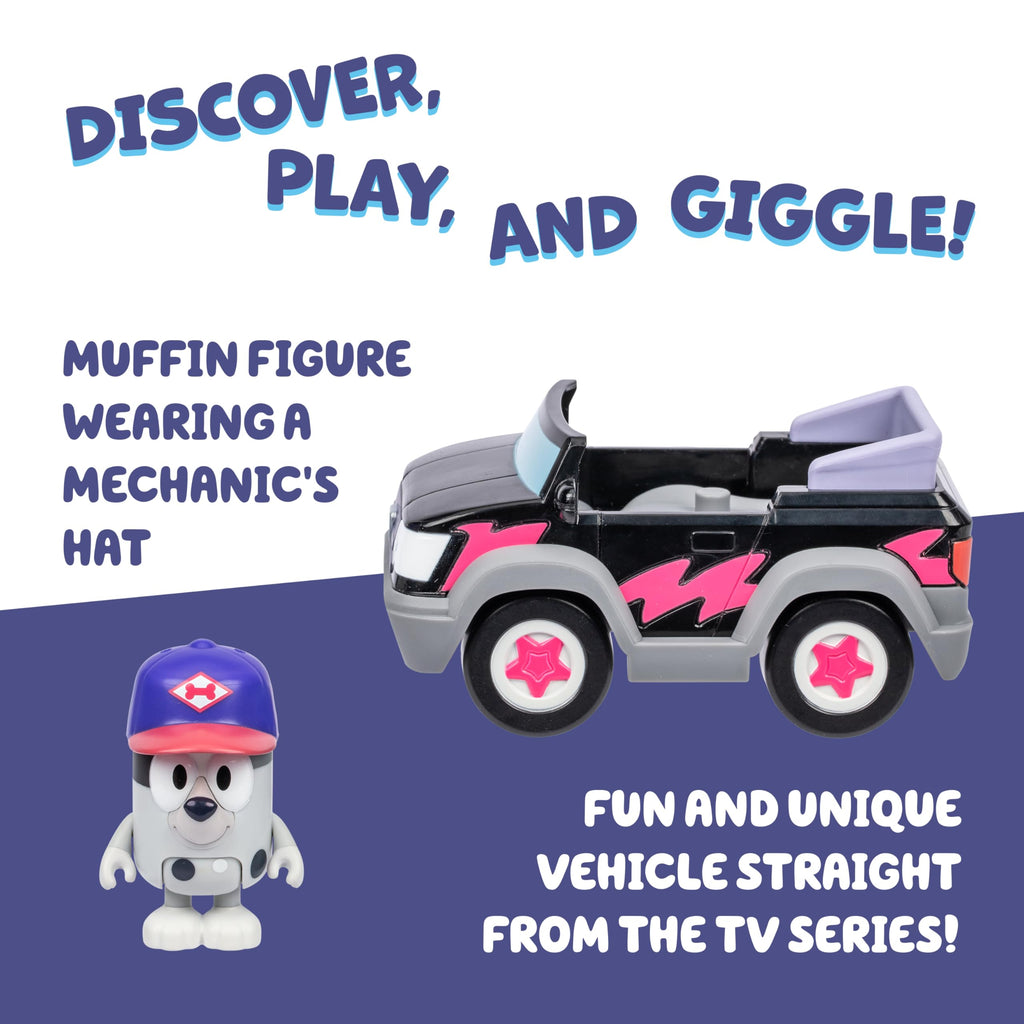 Bluey Pizza Girls Car with Articulated Muffin Figure - Toddler Push Toy for Imaginative Play (Ages 3+)