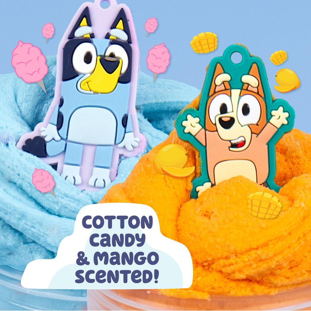 Bluey SLIMYGLOOP 2-Pack: Pre-Made Cloud Slimes with Bluey & Bingo Charms - Cotton Candy & Mango Scented, 7.5 oz & 8 oz