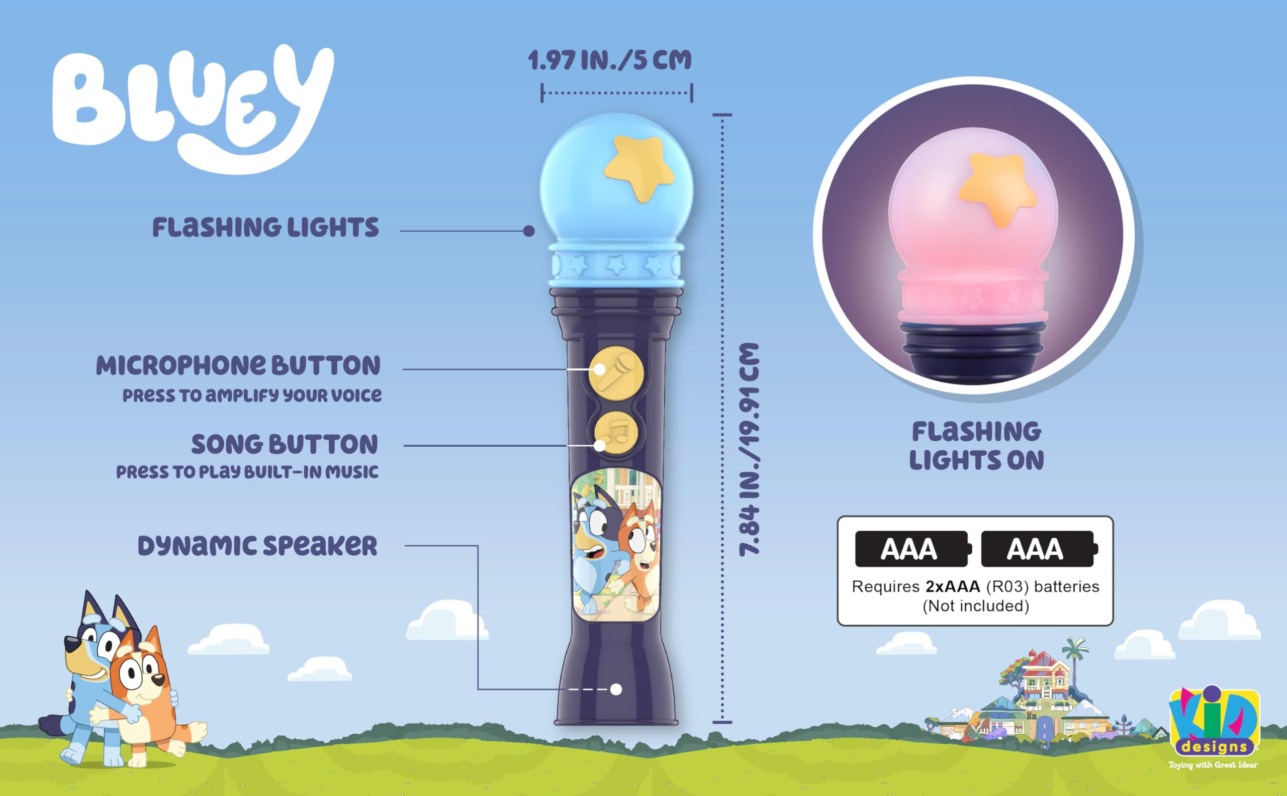 Bluey Toy Microphone for Toddlers – Amplifies Voice, Plays Theme Song, Flashing Lights
