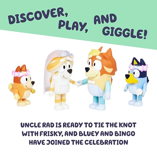 Bluey Wedding Figures 4-Pack: Uncle Rad, Frisky & Flower Girl Bingo Articulated Toys for Ages 3+