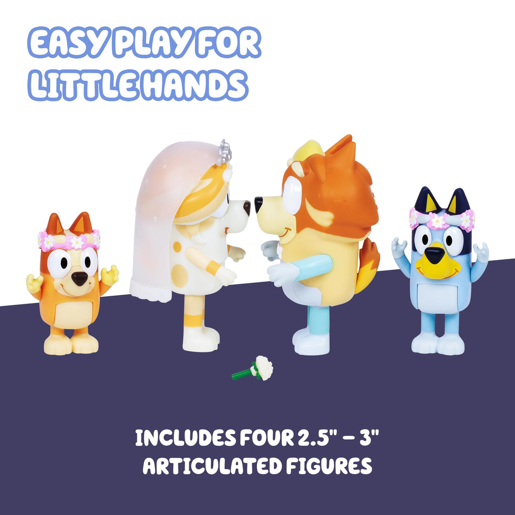 Bluey Wedding Figures 4-Pack: Uncle Rad, Frisky & Flower Girl Bingo Articulated Toys for Ages 3+